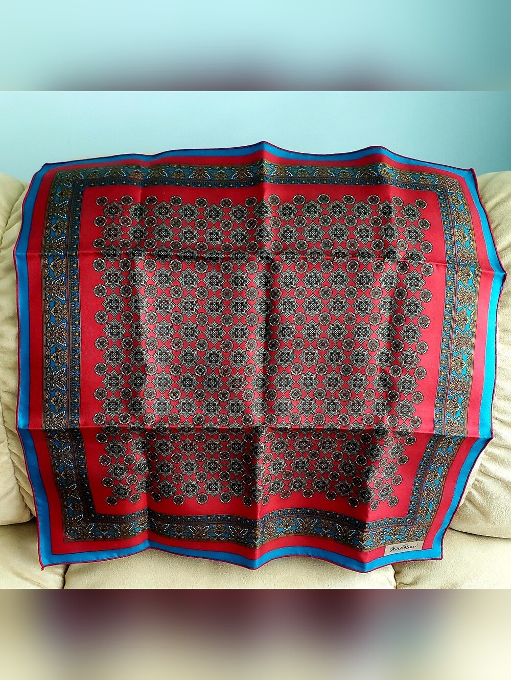 Nina Ricci Luxury Silk Pocket Square Red Blue Geometric Foulard Mint Condition - Picture 2 of 3